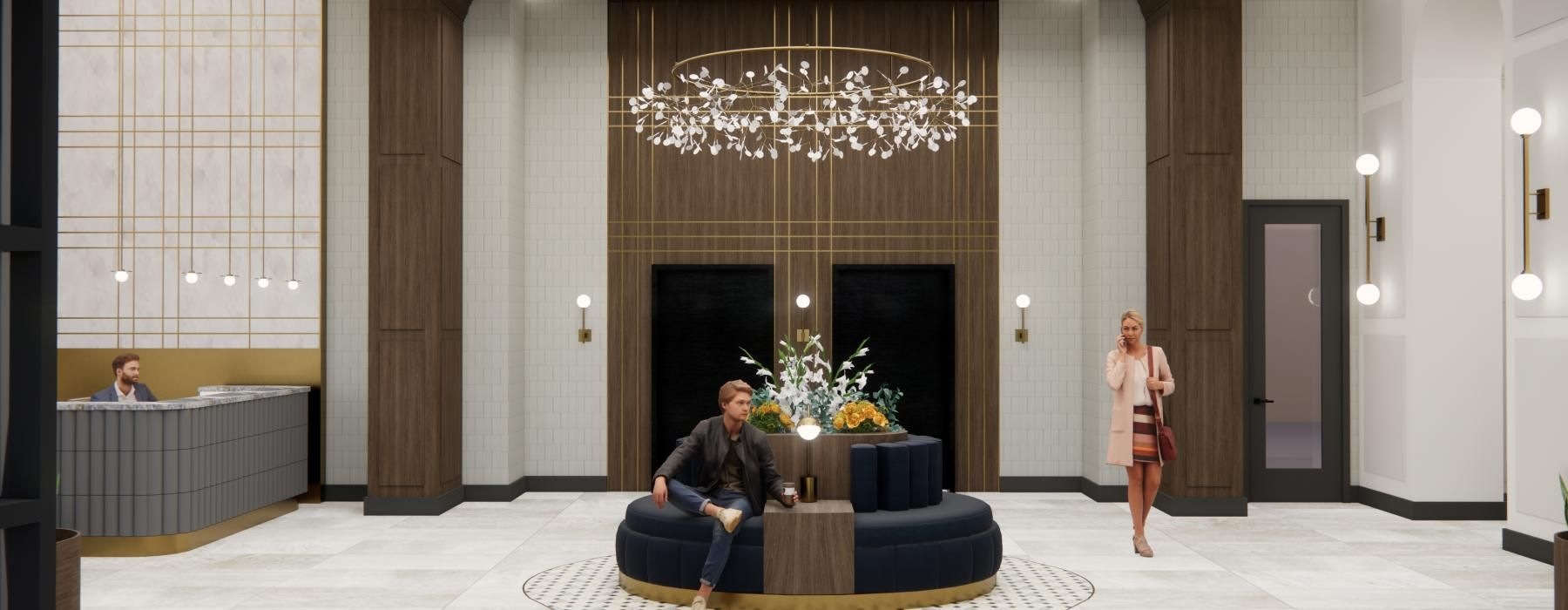 a man sitting in a chair in a large room with a chandelier and a woman standing