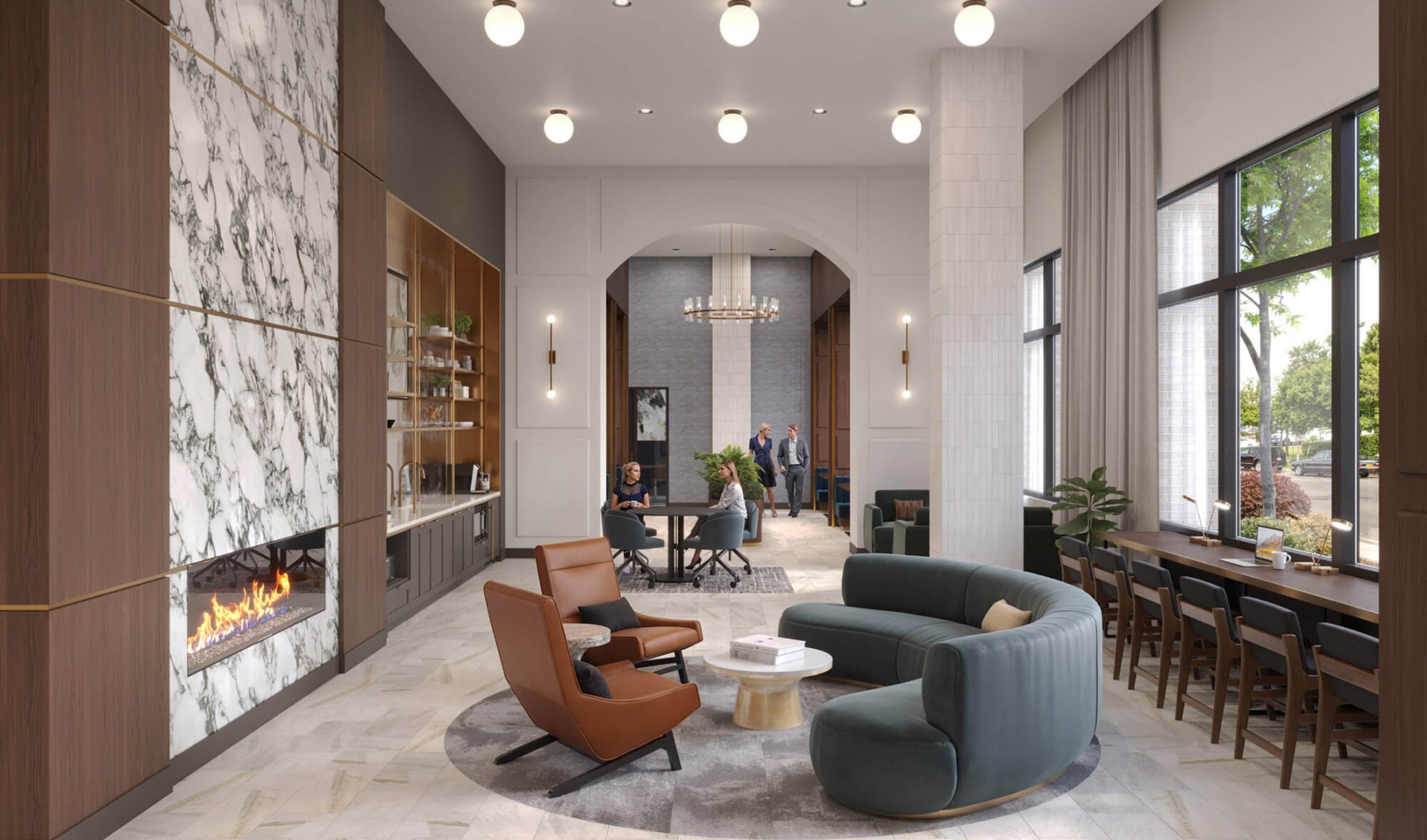 Elegant lobby at Broadstone Saratoga with a fireplace, modern seating, and a collaborative work area.