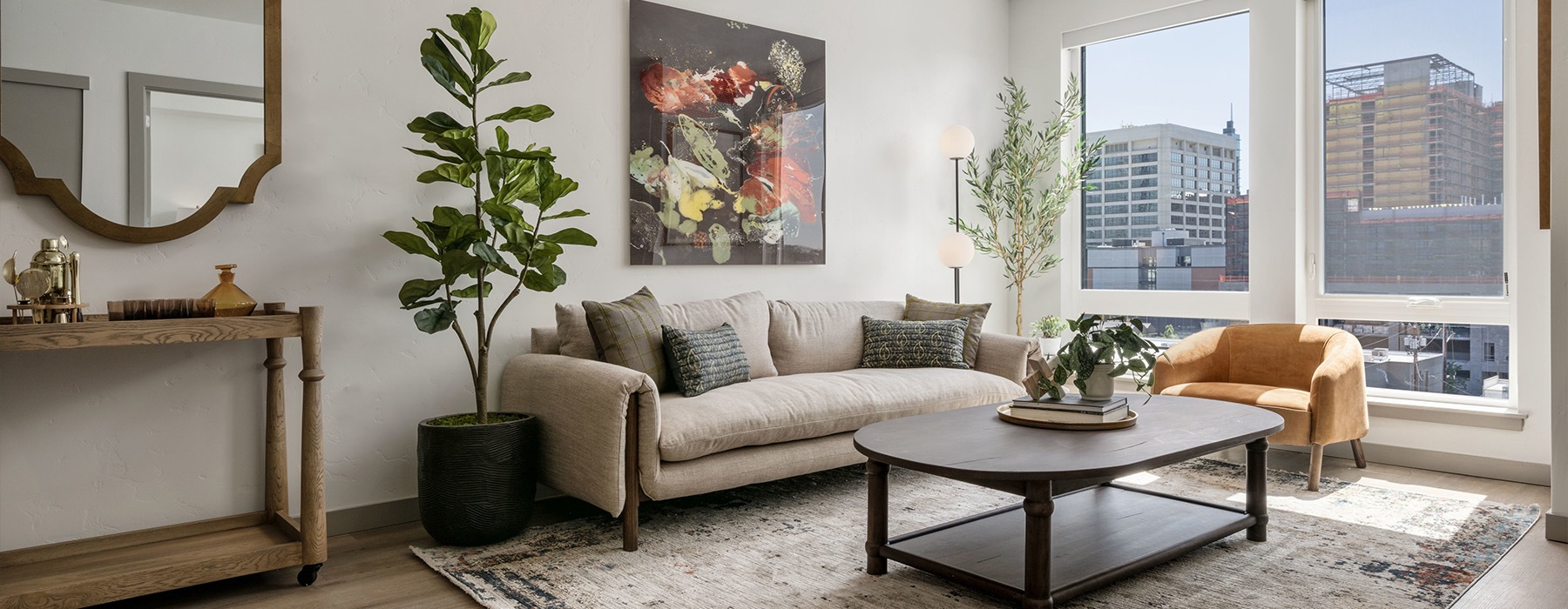 living room with tall windows