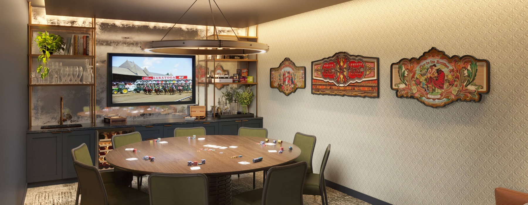 Cozy game room at Broadstone Saratoga with a round table, TV, and vintage decor.