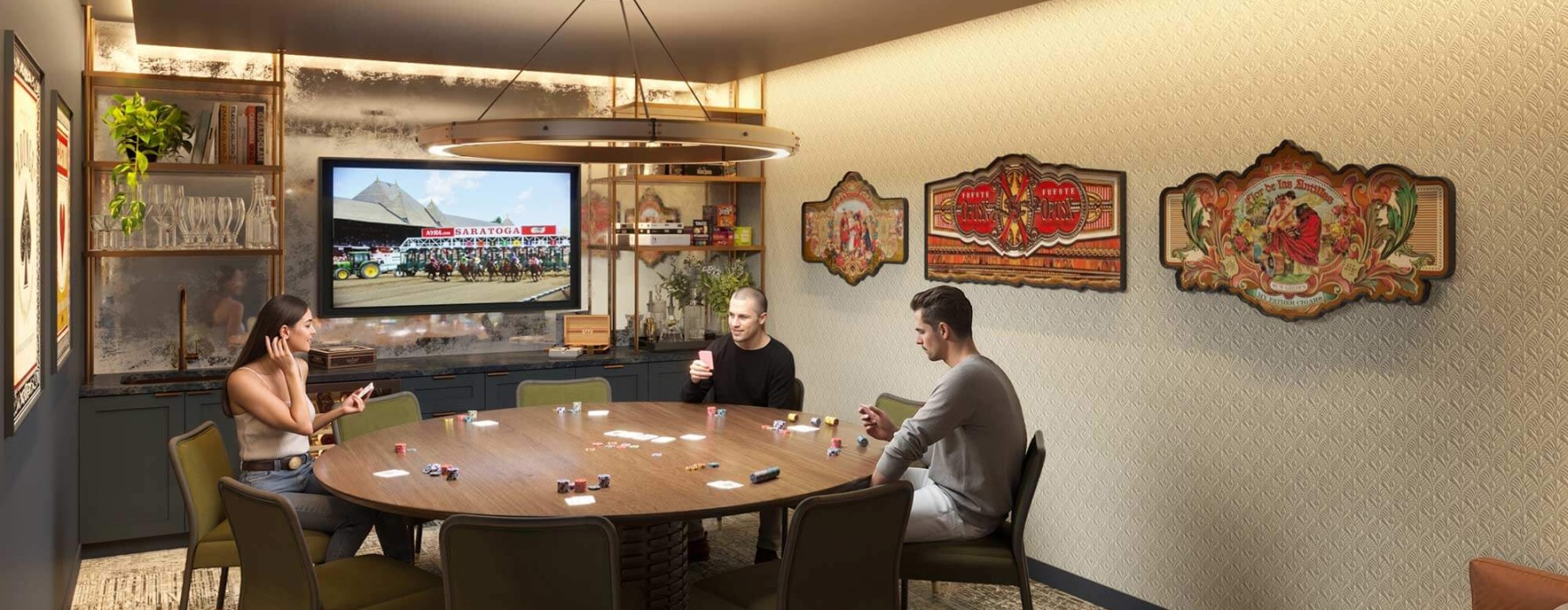 Cozy game room at Broadstone Saratoga with a round table, TV, and vintage decor.